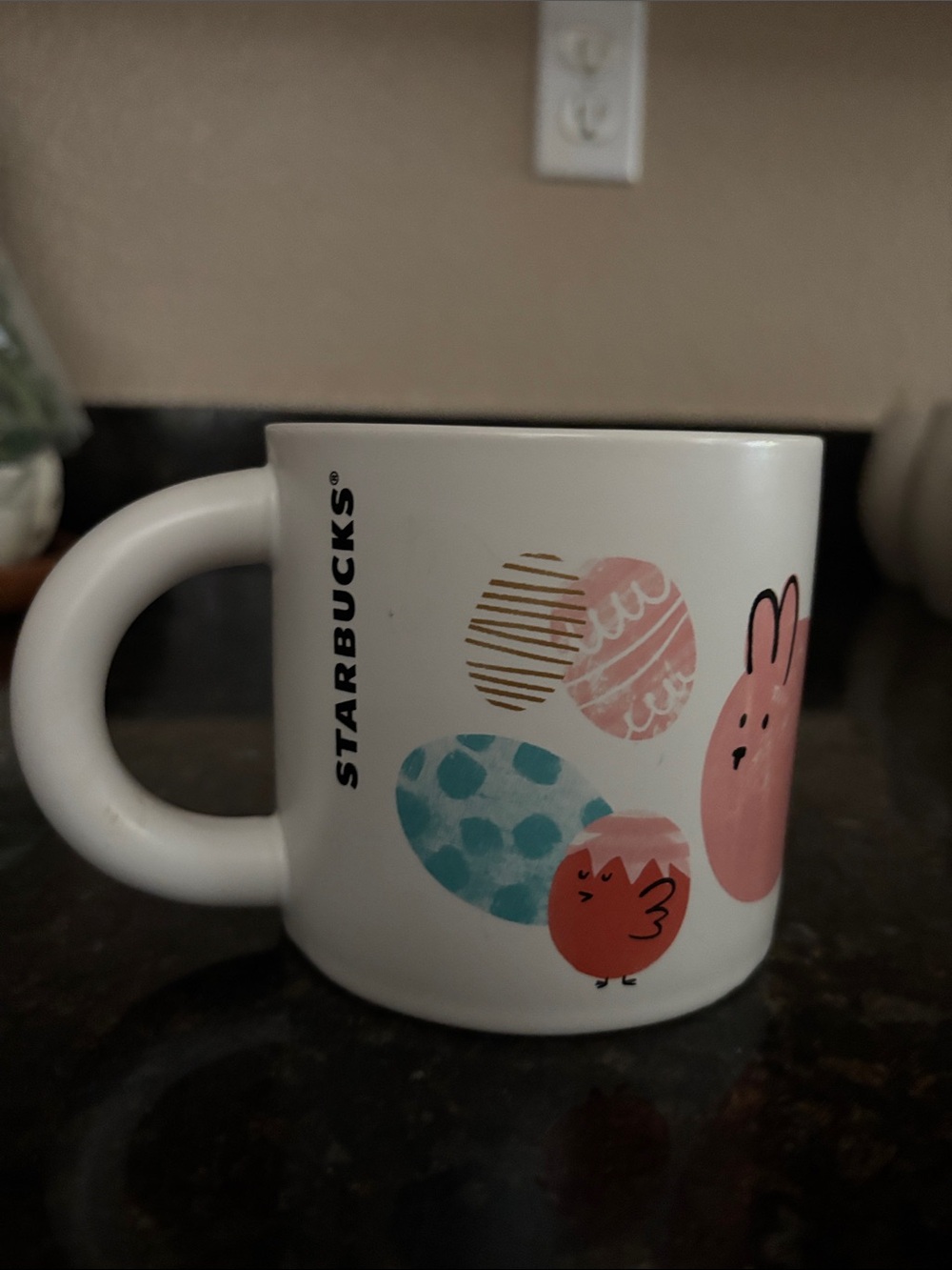 Starbucks White Mug with Pastel Pink, Teal and Gold Easter Motifs